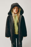 ZR Girls Faux Fur Coat with Hood Black Gray Zip Up Long Coat Jacket 12855